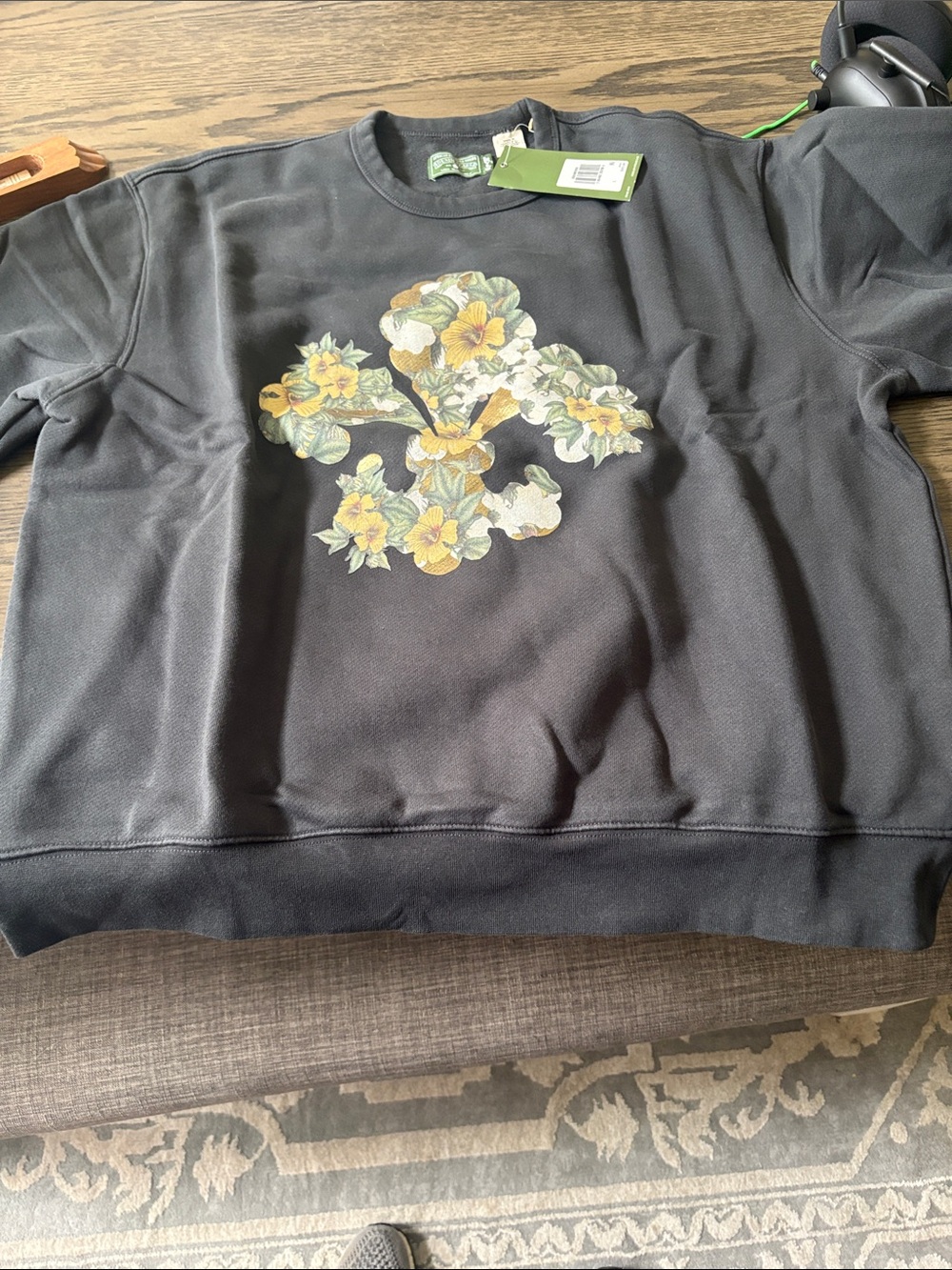 Men's Black Floral Crewneck Sweatshirt with Yellow & Cream Bloom Graphic